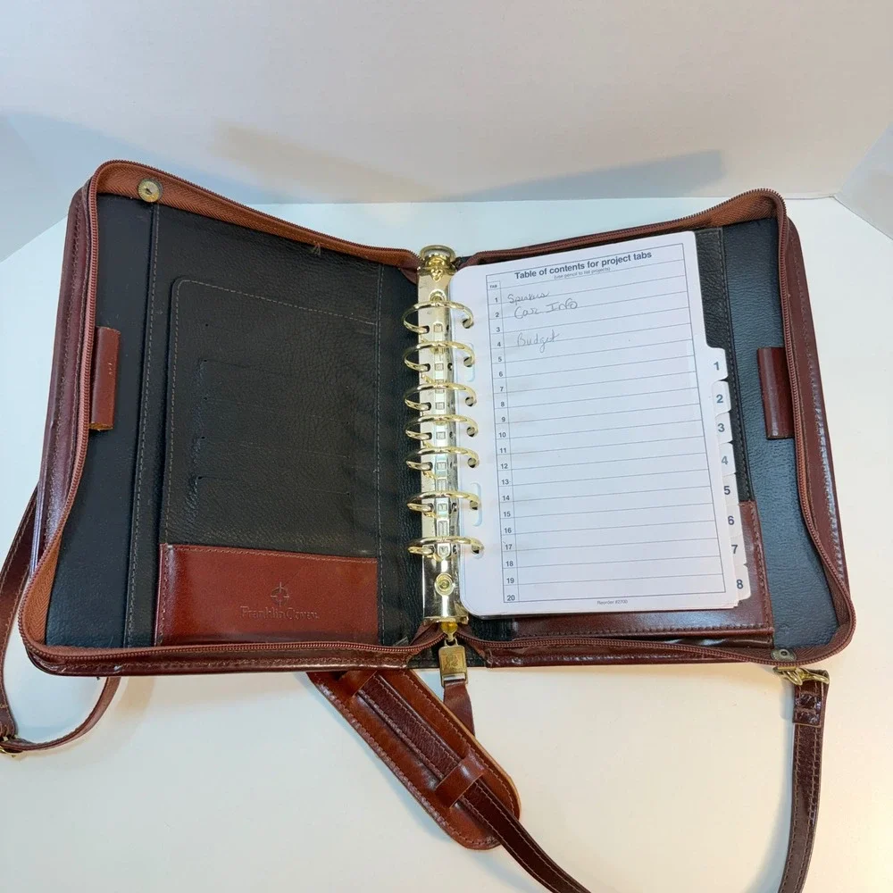 Franklin Covey Classic Planner Black Brown Leather Crossbody Organizer Strap VTG